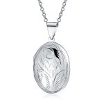 Oval Keepsake Photo Locket Necklace Carved Floral Leaf Motif Holds Pictures .925 Sterling Silver