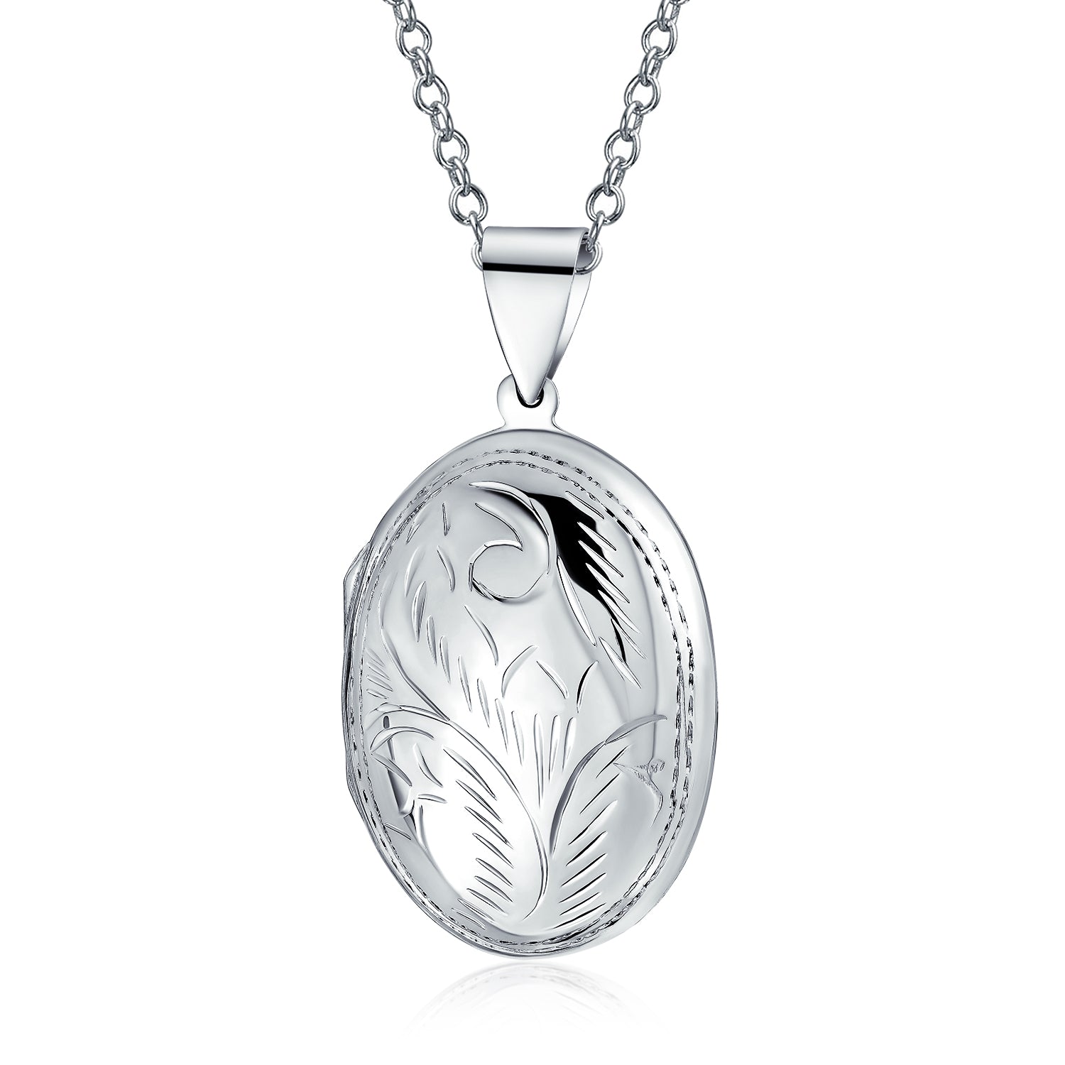carved-floral-leaf-locket-silver_sstr-l7209_1 Oval Keepsake Photo Locket Necklace Carved Floral Leaf Motif Holds Pictures .925 Sterling Silver - Image 1