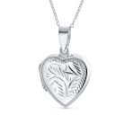 Vintage Style Keepsake Leaf Design Heart Photo Locket Necklace Pendant .925 Silver