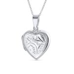 Vintage Style Keepsake Leaf Design Heart Photo Locket Necklace Pendant .925 Silver