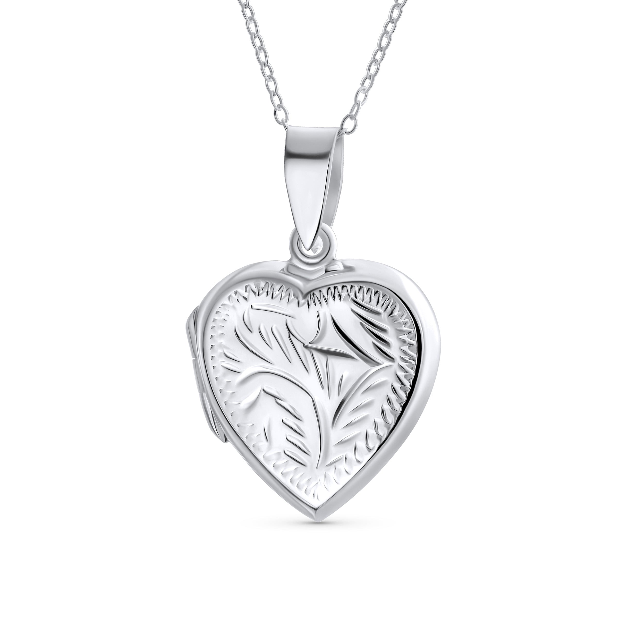 carved-leaf-heart-locket-silver_sstr-l1719_11 Vintage Style Keepsake Leaf Design Heart Photo Locket Necklace Pendant .925 Silver - Image 1