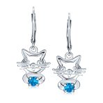 Small Kitty Kitten Animal Pet Blue CZ Accent Dangle Cat Earrings Sterling Silver - Image 4