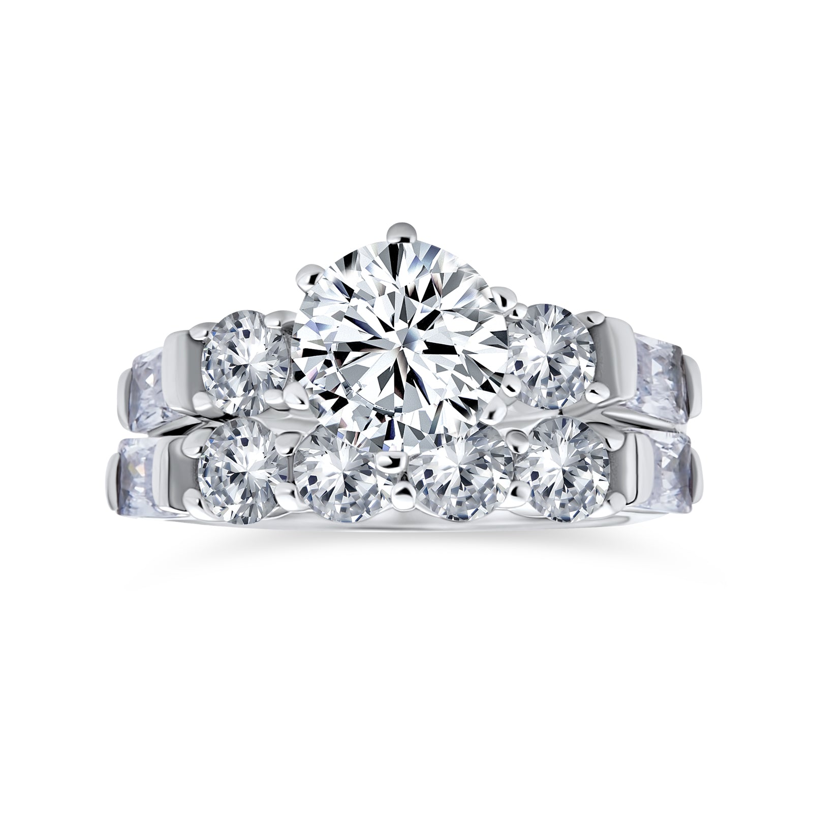 cathedral-engagement-ring-cz-clear-set-baguette_oa-11eb227_1 Sterling Silver 2CT Round CZ Solitaire Engagement Ring Set with Baguette Side Stones 6-Prong Design - Image 1