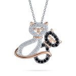 Kitty Cat Pendant Necklace CZ Black & White Kitten Jewelry Two-Tone Gold