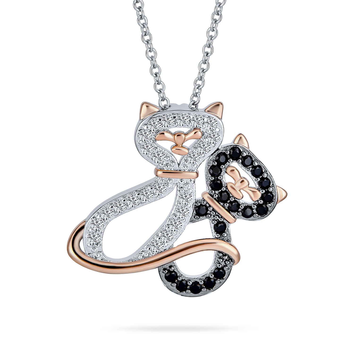 cats-rosegold-black-cz-pendant-oa-51an036_1 Kitty Cat Pendant Necklace CZ Black & White Kitten Jewelry Two-Tone Gold - Image 1