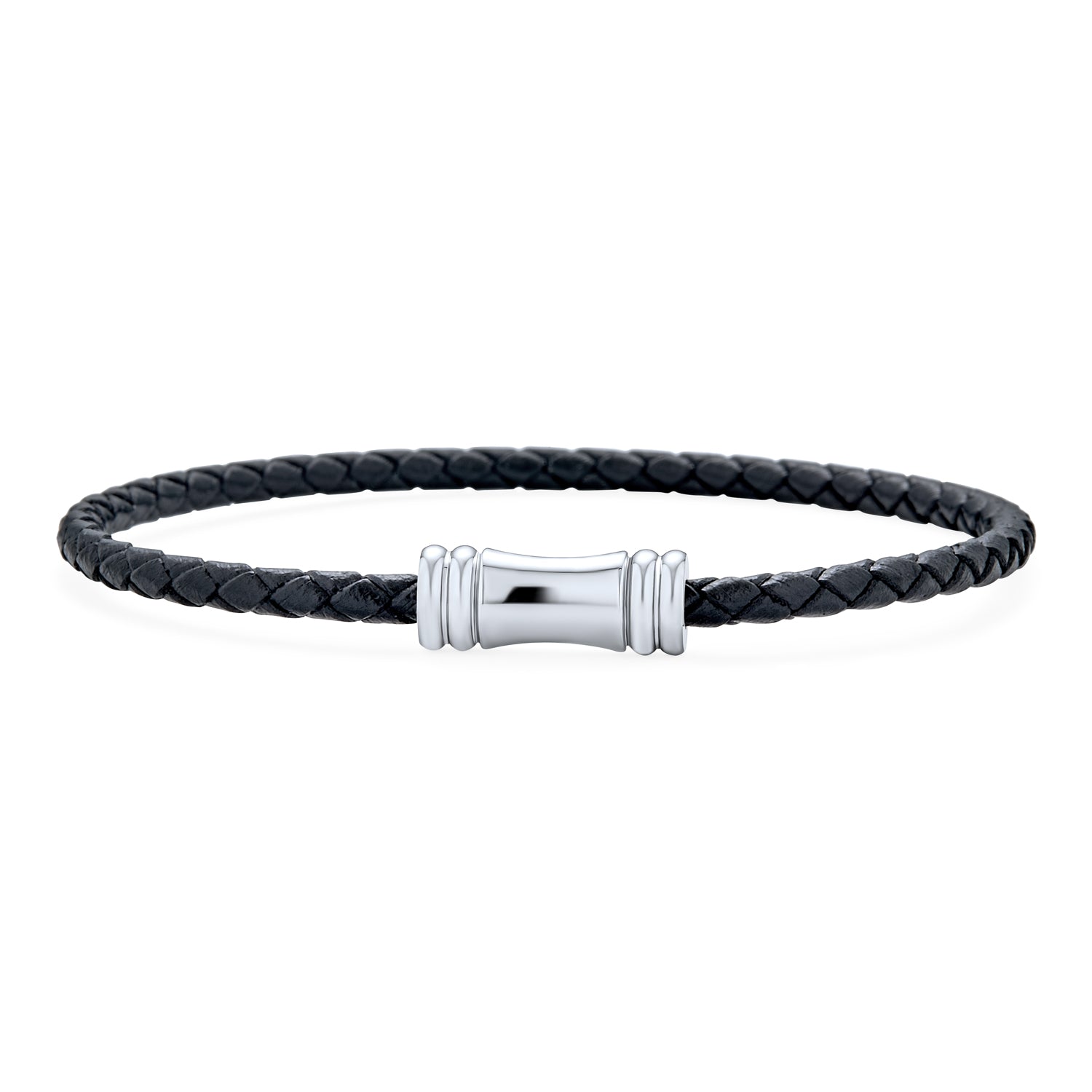 cb-br15794-clasp-silver-black-leather-magnet-bracelet_1 Black Woven Multi Strand Leather Bracelet Silver Tone Clasp - Image 1