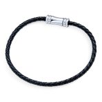 Black Woven Multi Strand Leather Bracelet Silver Tone Clasp - Image 2