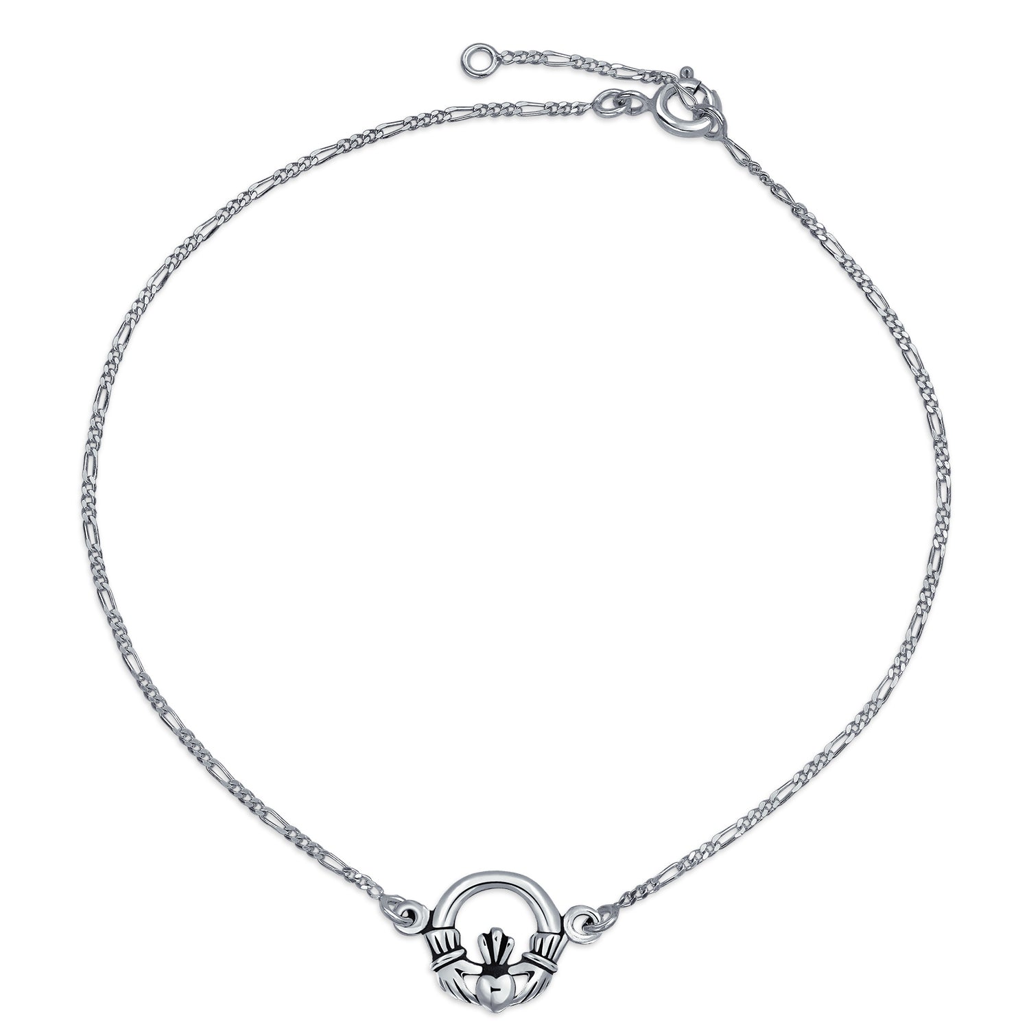 celtic-cladagh-heart-ankle-silver_ps-tbg726-az_1 Celtic Heart Claddagh Anklet Ankle Bracelet Sterling Silver Figaro Chain - Image 1