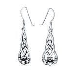 Friendship BFF Heart Celtic Claddagh Dangle Earrings in Oxidized Sterling Silver