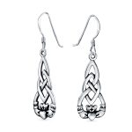 Friendship BFF Heart Celtic Claddagh Dangle Earrings in Oxidized Sterling Silver