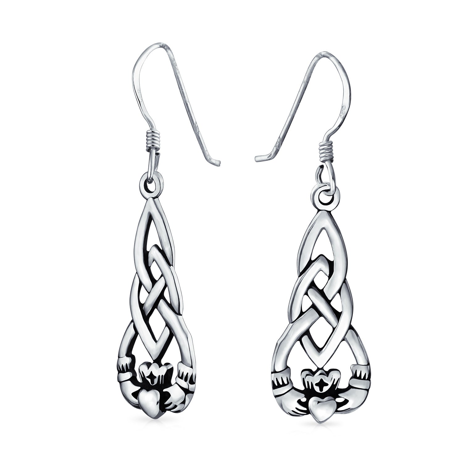 celtic-dangle-earrings-knot-claddagh-silver_sstr-ec9-az_1 Friendship BFF Heart Celtic Claddagh Dangle Earrings in Oxidized Sterling Silver - Image 1