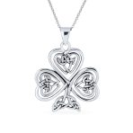 Saint Patricks Shamrock Heart Clover Pendant Necklace in Sterling Silver