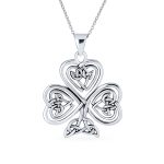 Saint Patricks Shamrock Heart Clover Pendant Necklace in Sterling Silver