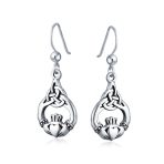 Friendship Love Symbol Celtic Claddagh Heart Dangle Earrings Oxidized .925 Sterling Silver