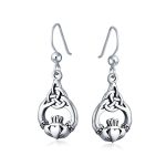 Friendship Love Symbol Celtic Claddagh Heart Dangle Earrings Oxidized .925 Sterling Silver