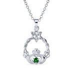 Traditional Irish Kelly Green CZ Celtic Love Knot Claddagh Pendant Necklace