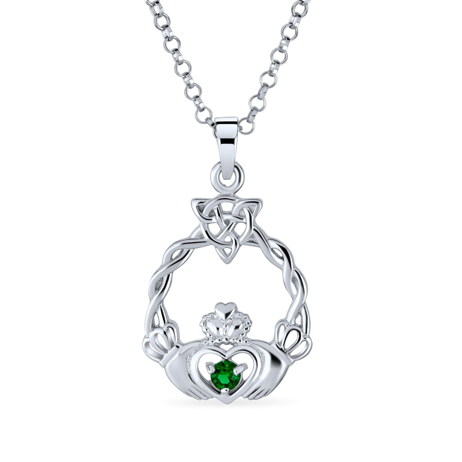 celtic-pendant-friendship-heart-necklace-green_pmr-p21644emg-az_1 Traditional Irish Kelly Green CZ Celtic Love Knot Claddagh Pendant Necklace - Image 1