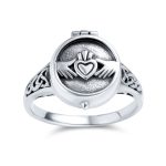 Claddagh Locket Ring Celtic Heart Memorial Keepsake Oxidized .925 Sterling Silver