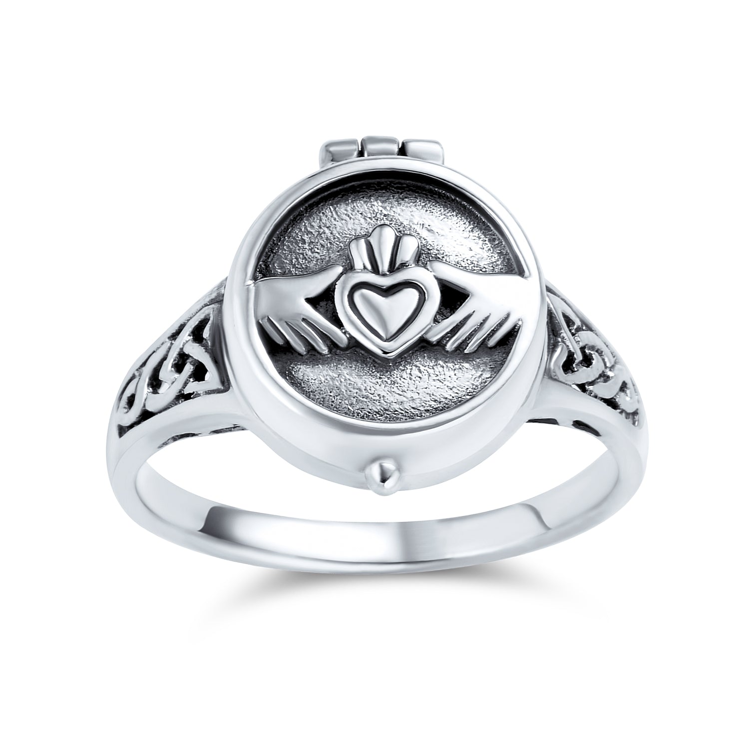 celtic-silver-ring-heart-open-ps-tr1355 Claddagh Locket Ring Celtic Heart Memorial Keepsake Oxidized .925 Sterling Silver - Image 1
