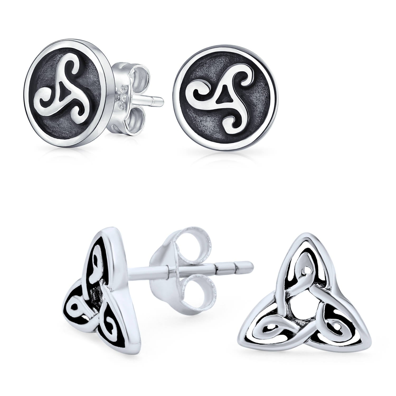 celtic-trinity-earrings-stud-2pair_pmr-s10823-set-az Set of 2 Celtic Infinity Knot & Round Triskele Stud Earrings Oxidized Silver - Image 1