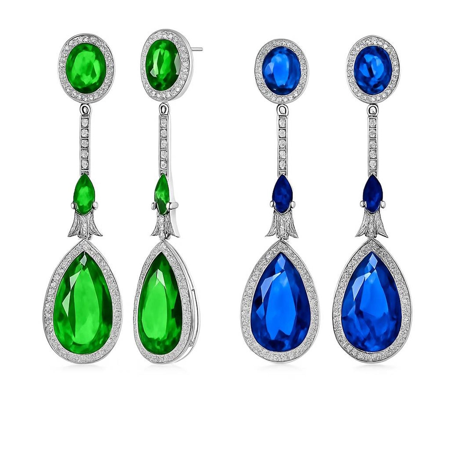 chandelier-earrings-teardrop-emerald-blue-combo-cz-pave_dt-le-0923-set-az Set of 2 Art Deco Blue & Green CZ Teardrop Gemstone Dangle Chandelier Earrings - Image 1