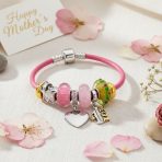 Word #1 MOM Heart Beads Charm Bracelet Sterling Silver Pink Leather 6.5-8.5 Inch - Image 3