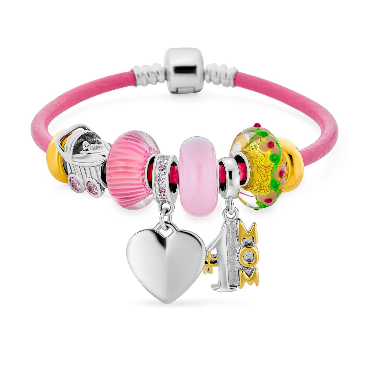 charm-bracelet-pink-mom-heart-love-pbx-br-1mom-par_1_1626ffbe-f21d-41a3-b115-a80873c63eef Word #1 MOM Heart Beads Charm Bracelet Sterling Silver Pink Leather 6.5-8.5 Inch - Image 1
