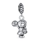 Cheerleader Soccer Player Dangle Charm Bead .925 Sterling Silver Fits European Bracelet