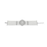 Antique Art Deco Style Statement 5 Row Wide Comfort Stretch White Simulated Pearl Floral Silver Plated Brass