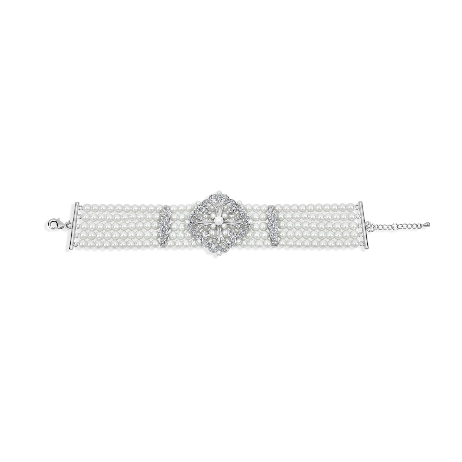choker-pearl-strand-five-silver-oa-71ola087-nec_1 Antique Art Deco Style Statement 5 Row Wide Comfort Stretch White Simulated Pearl Floral Silver Plated Brass - Image 1