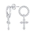 Religious Spiritual Eternal Circle & Fleur De Lis Cross Earrings Sterling Silver