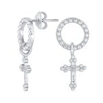 Religious Spiritual Eternal Circle & Fleur De Lis Cross Earrings Sterling Silver
