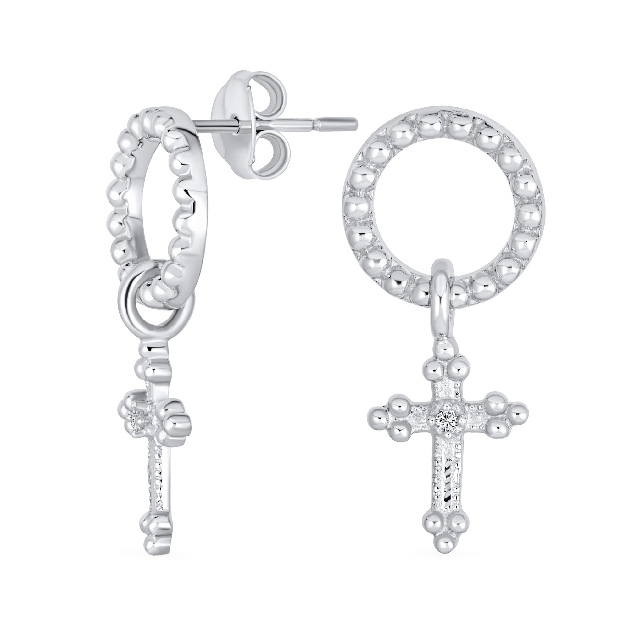 christian-circle-cross-dangle-earrings-srn-s819499e_01 Religious Spiritual Eternal Circle & Fleur De Lis Cross Earrings Sterling Silver - Image 1