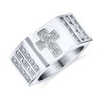 Religious Mens Stainless Steel Greek Key CZ Cross Ring Band Silver Tone - Image 5