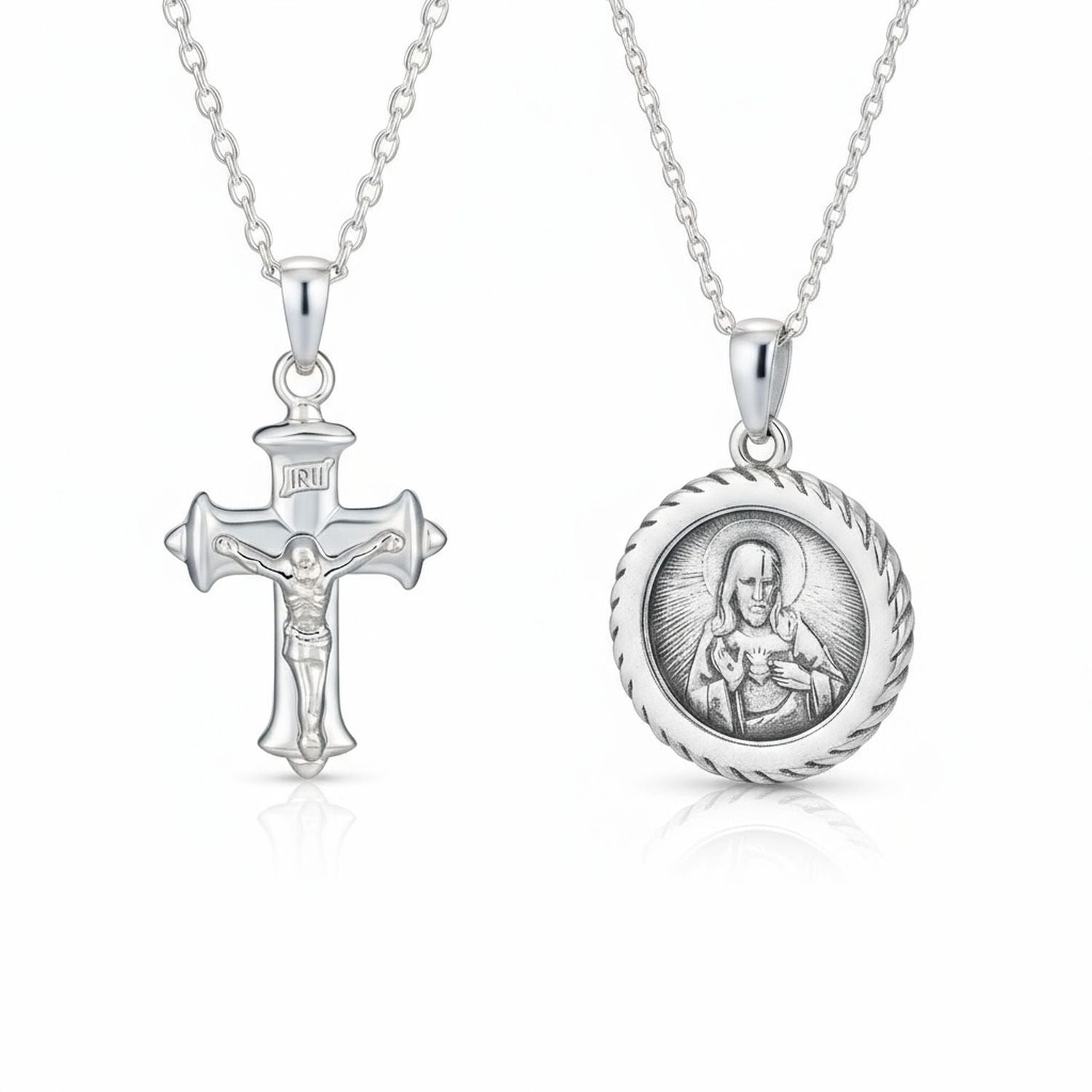 christian-religious-holy-jesus-crucifix-medallion-prayer-necklace-srn-s105431p-set-az Set of 2 Jesus Medallion & Crucifix Cross Pendant Necklace .925 Sterling Silver - Image 1