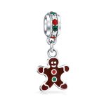 Christmas Charm Bead Gingerbread Man Cookie Brown Enamel Silver Bracelet