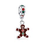 Christmas Charm Bead Gingerbread Man Cookie Brown Enamel Silver Bracelet