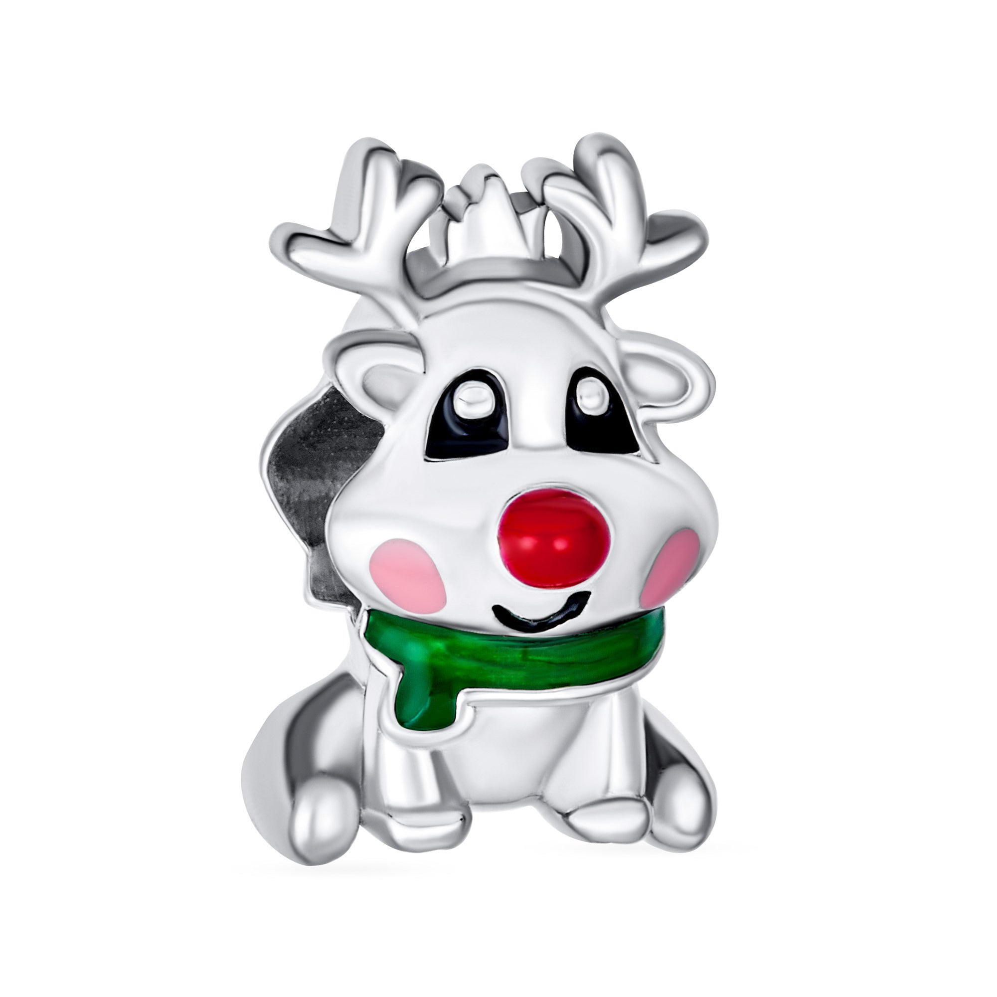 christmas-holiday-rudolph-reindeer-bead-pbx-pla-he-1407-s_01 Rudolph Red Nose Reindeer Christmas Charm Bead for European Bracelets Silver - Image 1