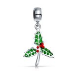 Christmas Charm Bead Green Mistletoe Holly Dangle Sterling Silver for Bracelets