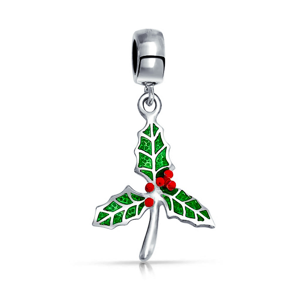 christmas-mistletoe-enamel-dangle-charm_pbx-hsd-104-az_1 Christmas Charm Bead Green Mistletoe Holly Dangle Sterling Silver for Bracelets - Image 1