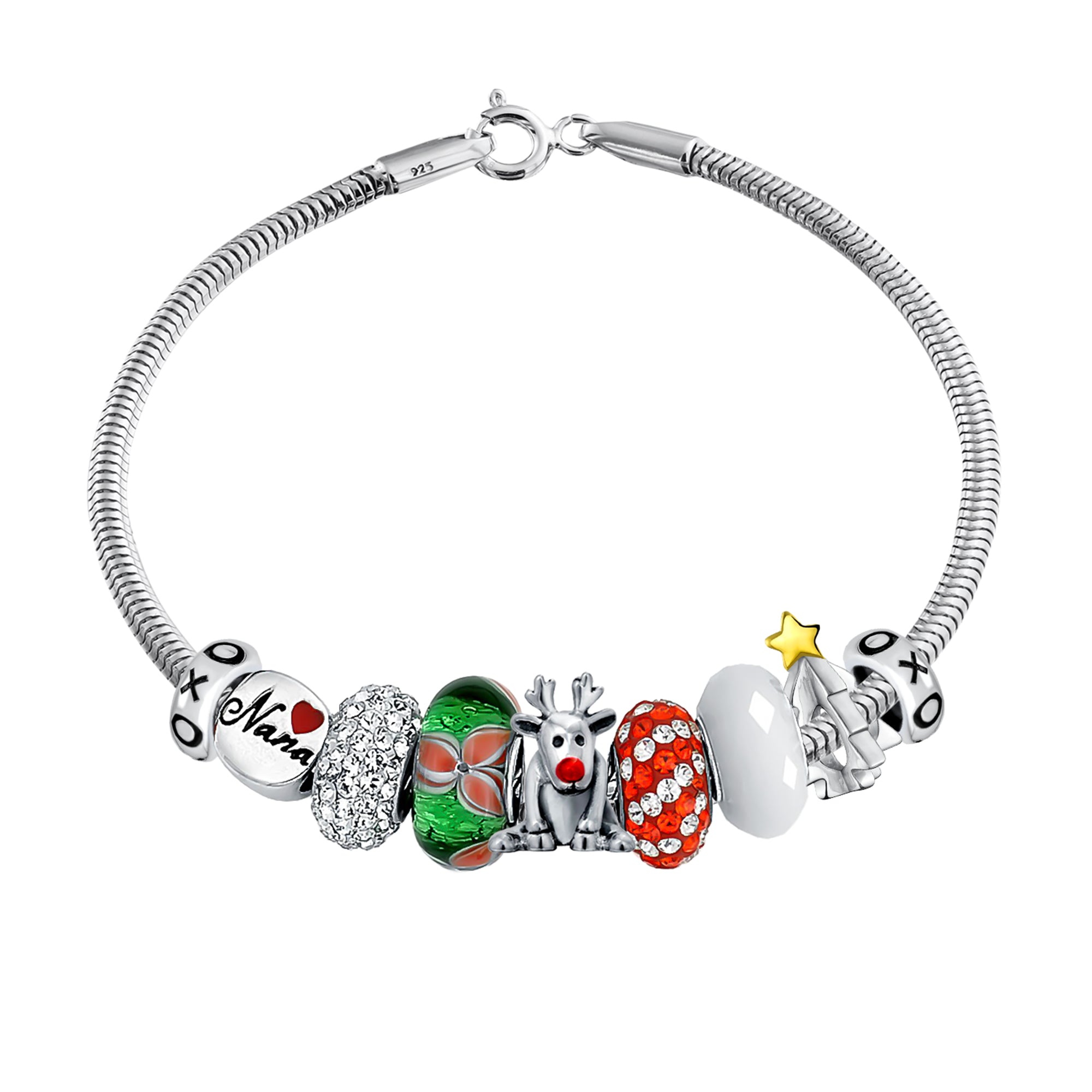 christmas-reindeer-nana-pandora-bracelet_pbx-nanaxmas_111-01 Christmas Rudolph Reindeer Nana Charm Bracelet European Beads Sterling Silver - Image 1