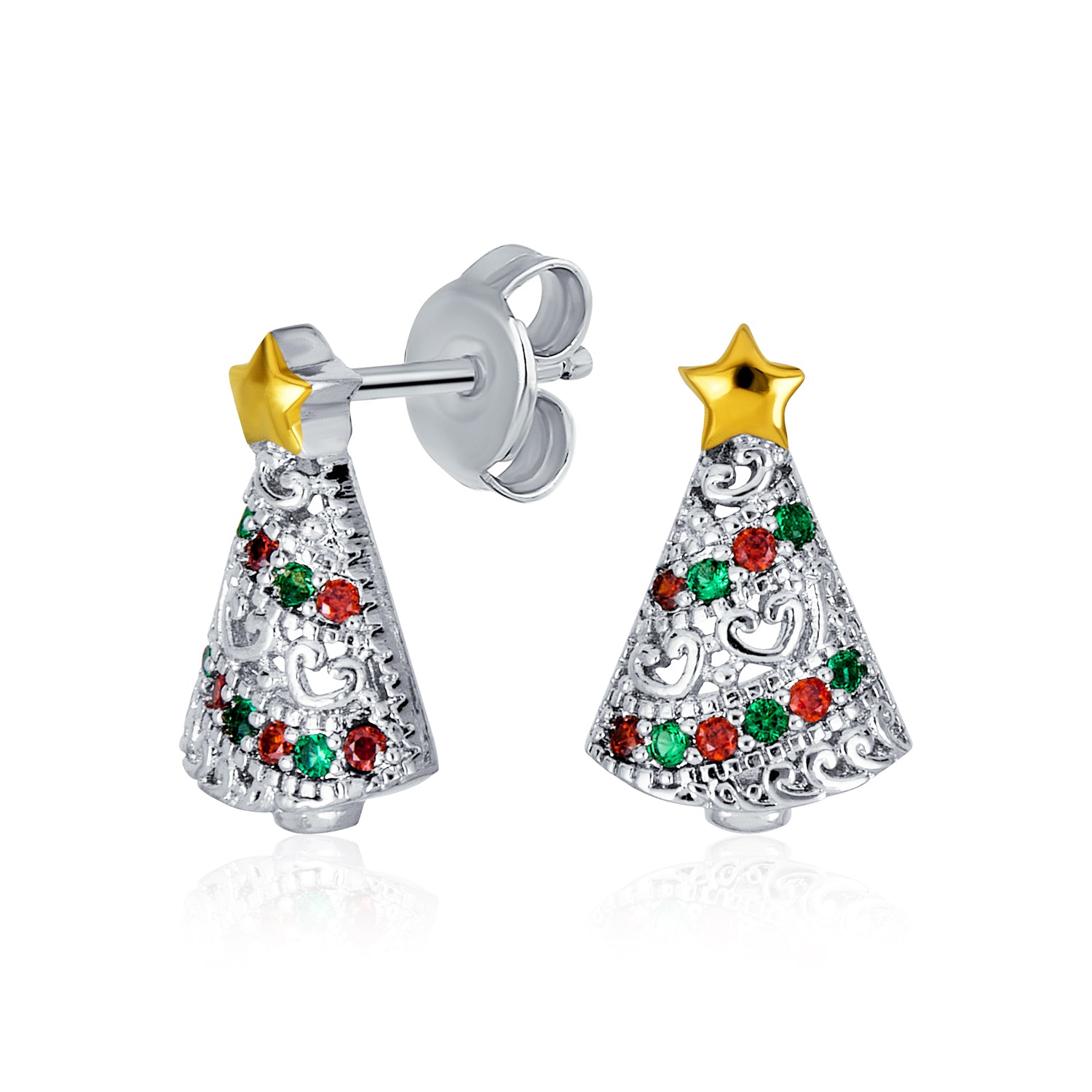 christmas-tree-silver-star-studs-oa-21wi001_1 Holiday Star CZ Stud Earrings: Red & Green Sparkly Christmas Tree Design - Image 1