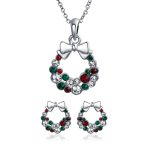 Sparkling Christmas Bow Crystal Necklace Earrings Jewelry Set Silver Plated