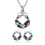 Sparkling Christmas Bow Crystal Necklace Earrings Jewelry Set Silver Plated