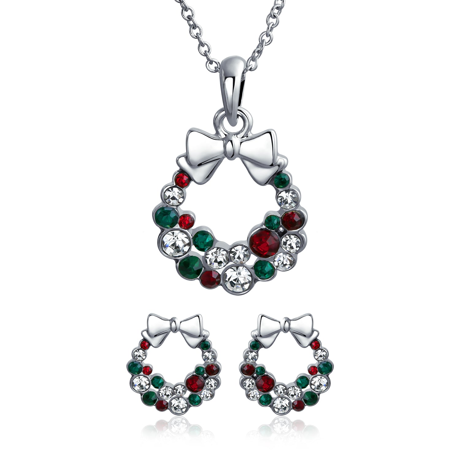 christmas-wreath-cz-white-green-red-set_faj-pd7080_20_2 Sparkling Christmas Bow Crystal Necklace Earrings Jewelry Set Silver Plated - Image 1