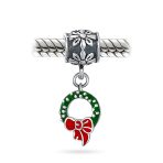 Green Wreath Christmas Charm Bead with Red Bow Enamel Silver for Bracelets - Image 3