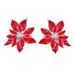 Large Statement Poinsettia Brooch Clip-On Earrings Set Red Enamel Gold Plated - Image 8
