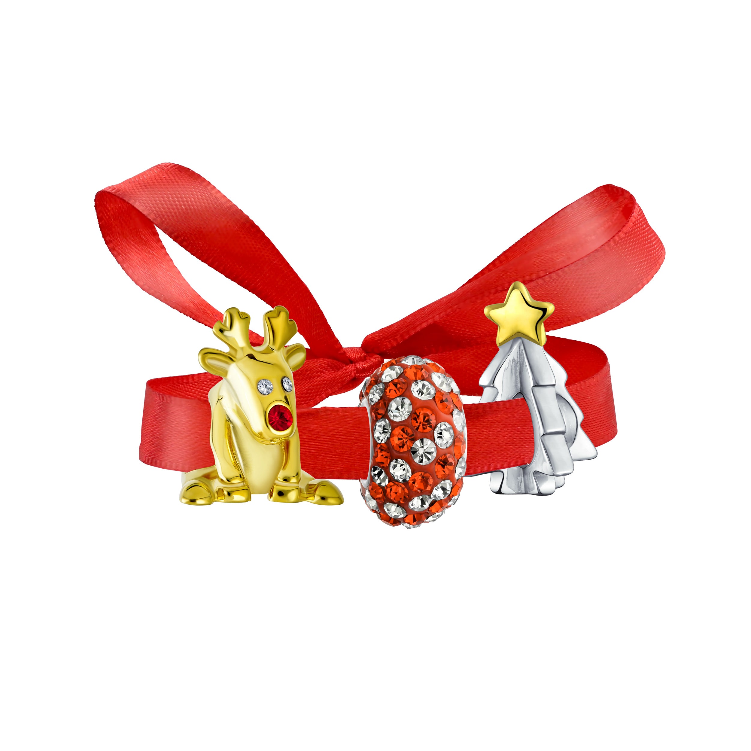 christmas_tree_set_reindeer_pbx-hg-214zuset Christmas Charm Bead Tree Candy Cane Reindeer 14K Gold Plated Silver Bracelet - Image 1