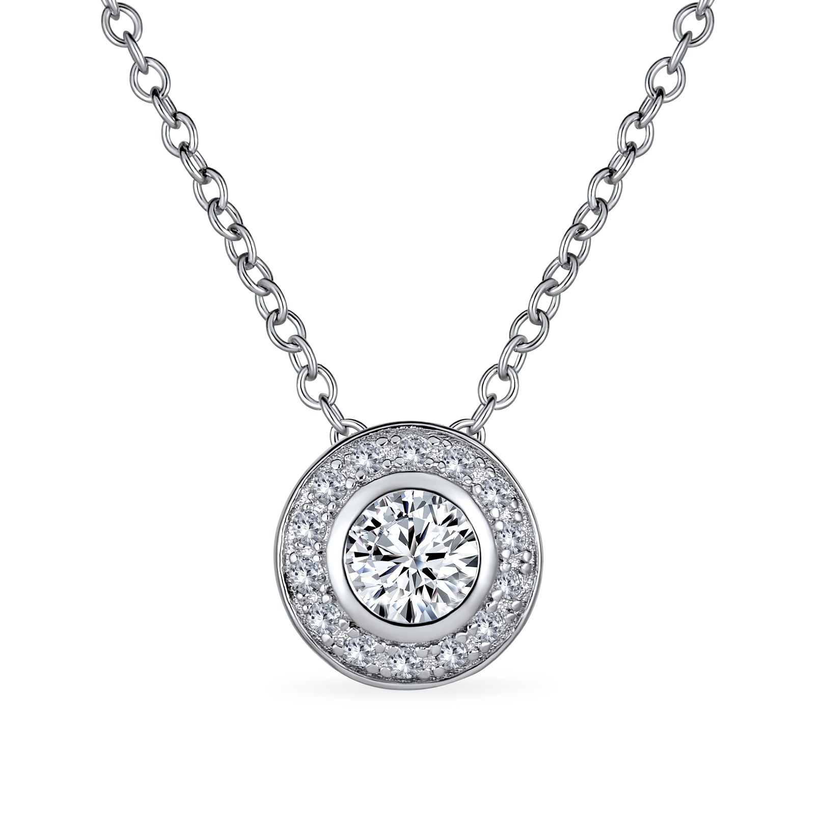 circle-cz-necklace-halo-silver-petite_oa-51ola1535_1 Classic Art Deco Style CZ Halo Circle Rosette Solitaire Pendant Cubic Zirconia .925 Sterling Silver - Image 1