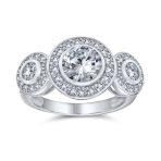 Art Deco Vintage Style Three Stone Halo CZ Engagement Ring